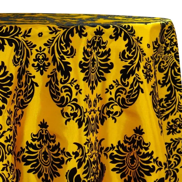 10pcs - Damask Flocking Taffeta Table Linen 132" Round - Black on Yellow