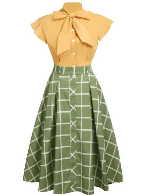 2PCS 1950s Bow Plaid Blouse & Skirt