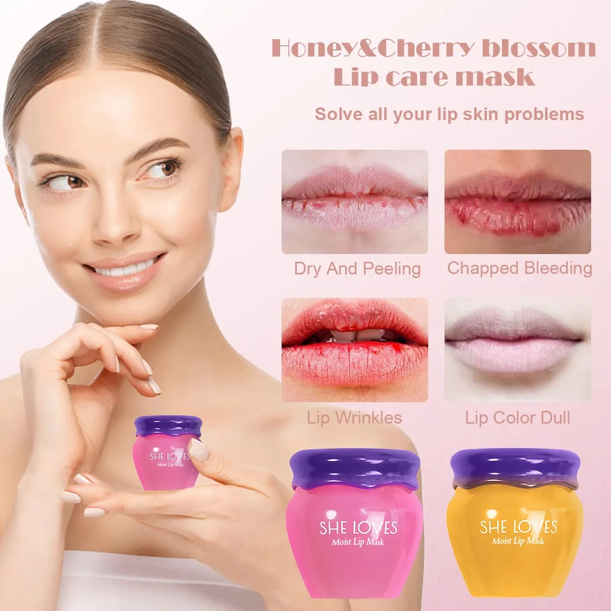 2PCS Lip Mask Overnight, Honey&Sakura Day and Night Repair Sleeping Lip Balm, Fade Lip Lines Bee Balm, Hydrating &Prevention Dry and Crack Lip Scrubs Exfoliator