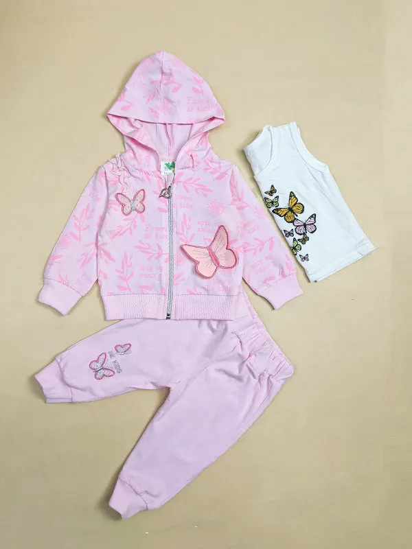 3Mth - 9Mth Baby Pink Butterfly 3Pc Hooded Baby Suit For Newborn NBS149