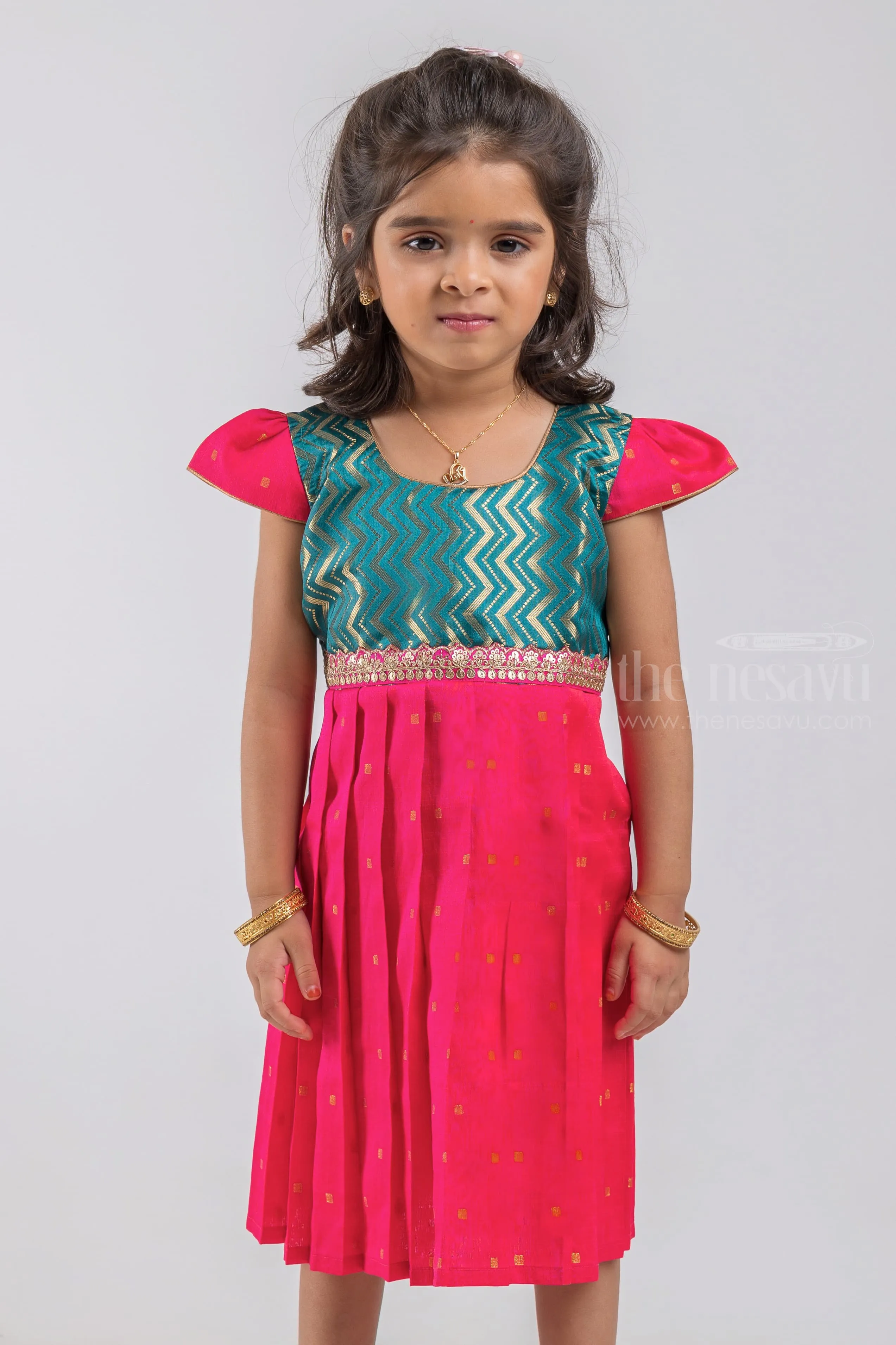 Adorable Green Zig-Zag Designer Yoke Lush Little Pattu Frock for Kids