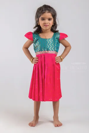 Adorable Green Zig-Zag Designer Yoke Lush Little Pattu Frock for Kids