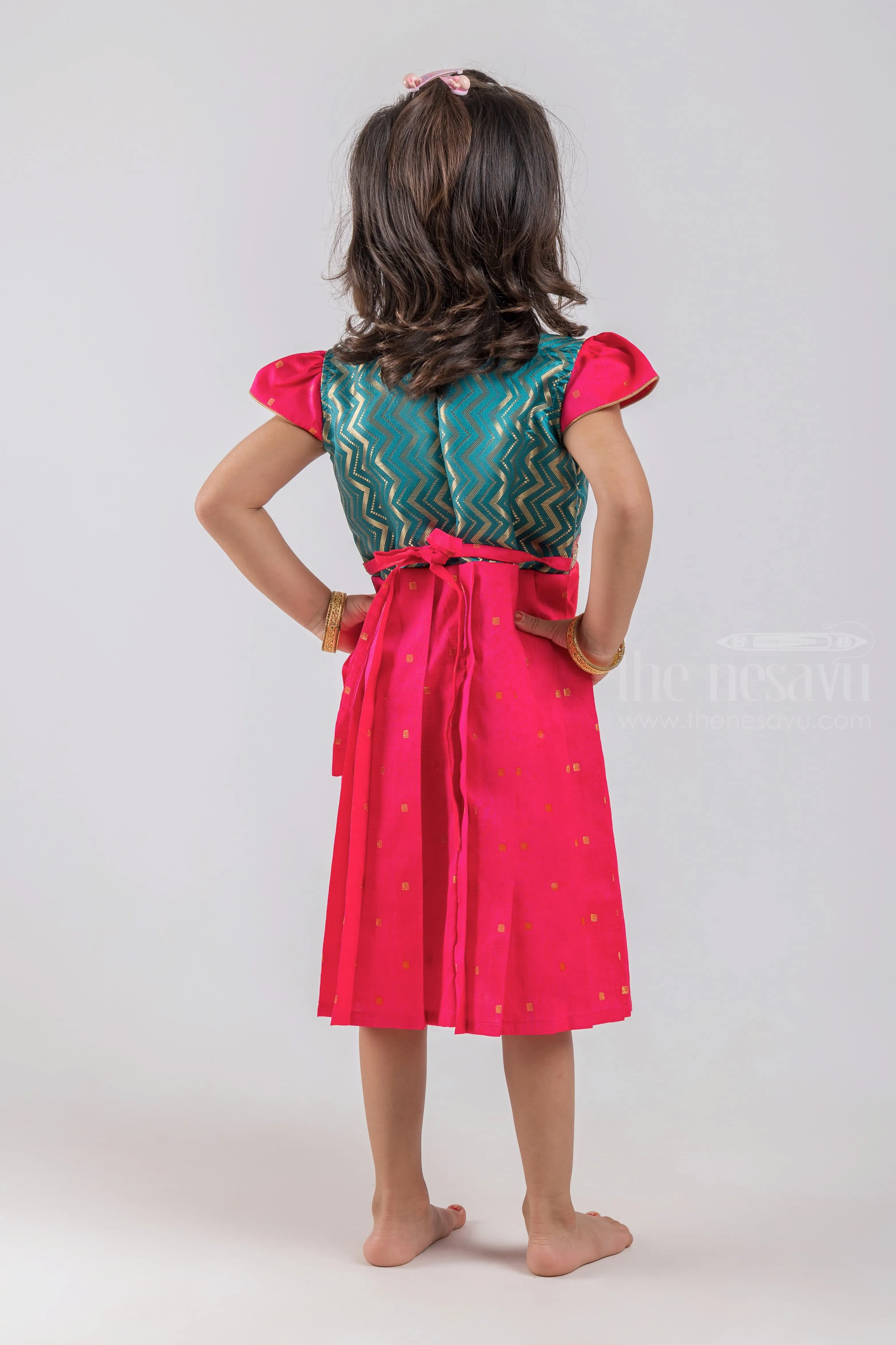 Adorable Green Zig-Zag Designer Yoke Lush Little Pattu Frock for Kids