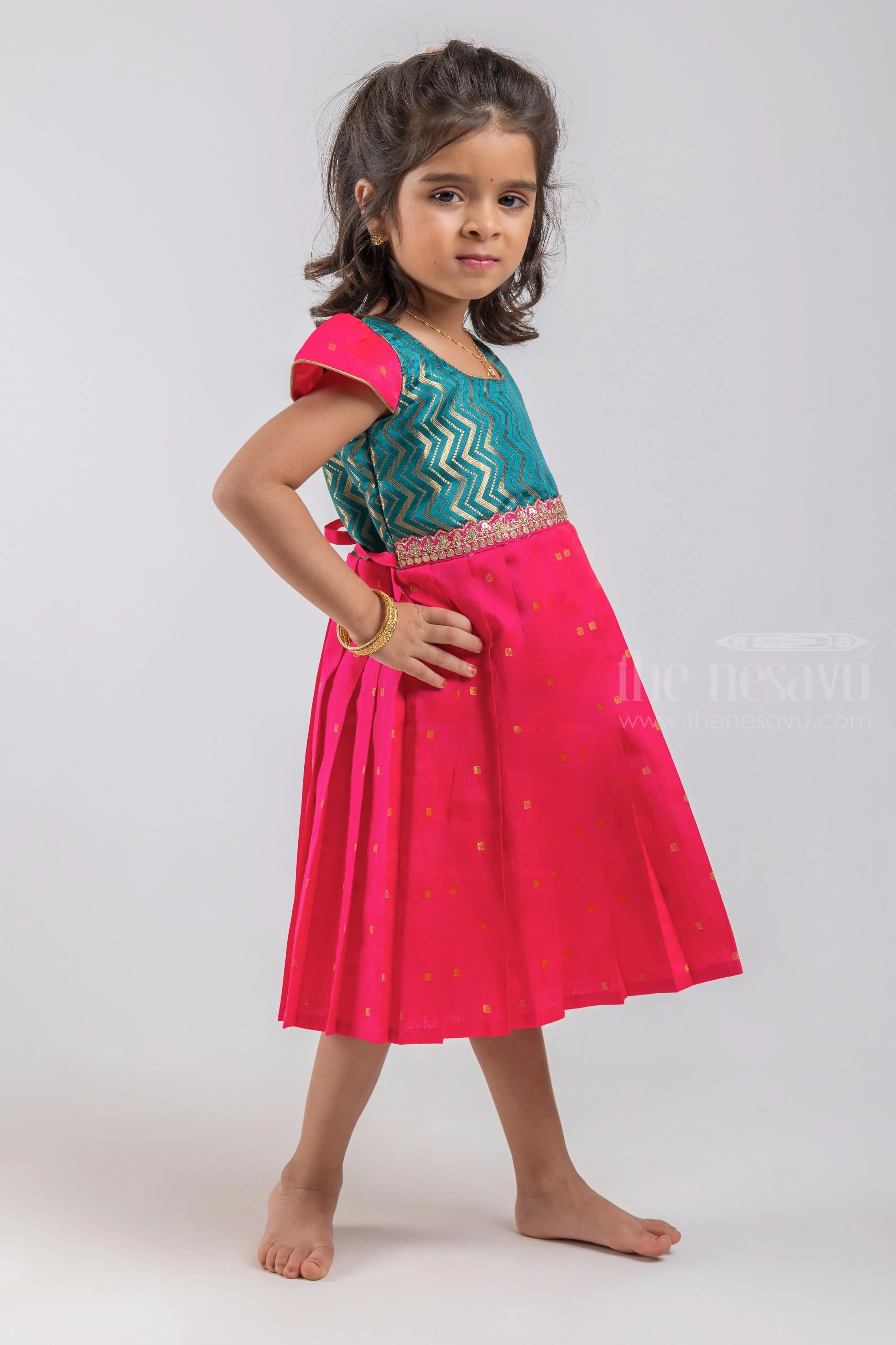 Adorable Green Zig-Zag Designer Yoke Lush Little Pattu Frock for Kids