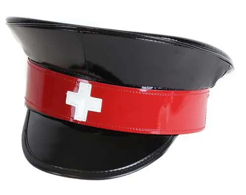 Black Shiny Patent Vegan Leather Police Hat w/ Red Strap and White Cross Detail