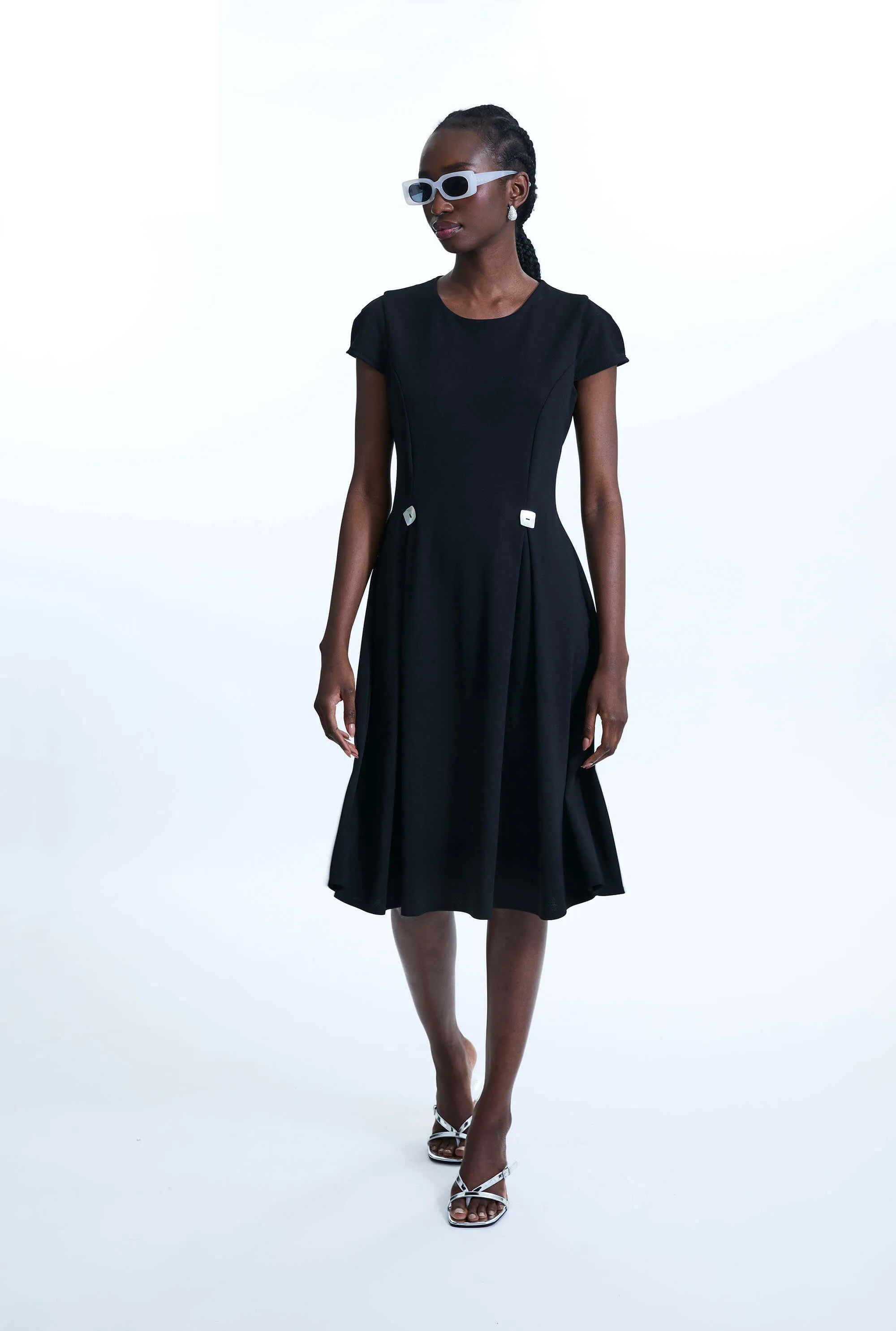 Cap Sleeve Button Midi Dress Black