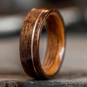 (In-Stock) The USS North Carolina | Men's Battleship Teak Wood Wedding Band with Whiskey Barrel Liner & 14k Rose Gold Inlay - Size 6 | 6mm Wide