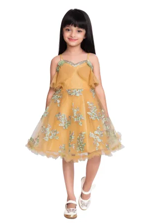 Lemon & Green Floral Embroidered Imported Net Party Wear Frock For Girls