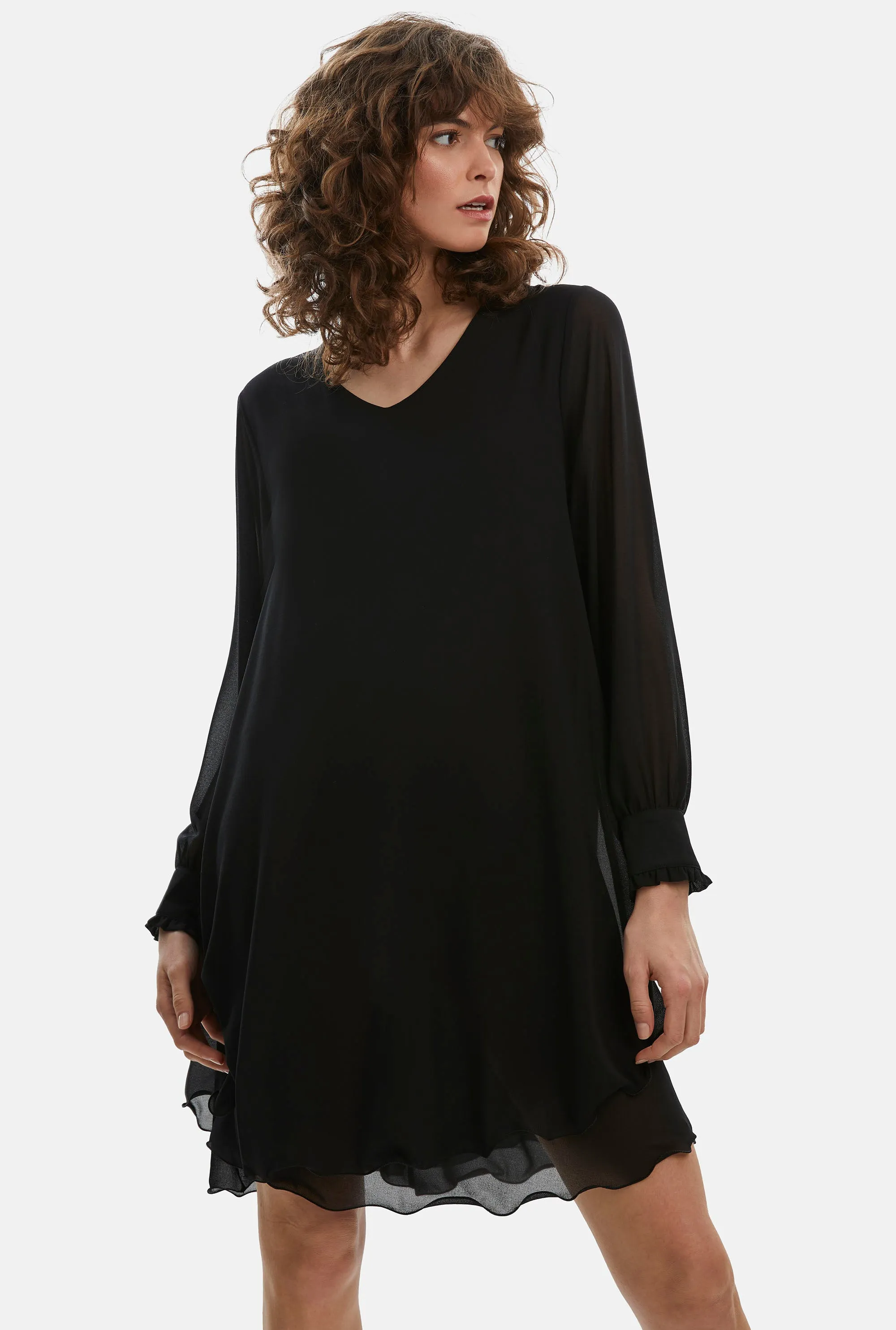 Long Sleeve Black Wave Hem Dress