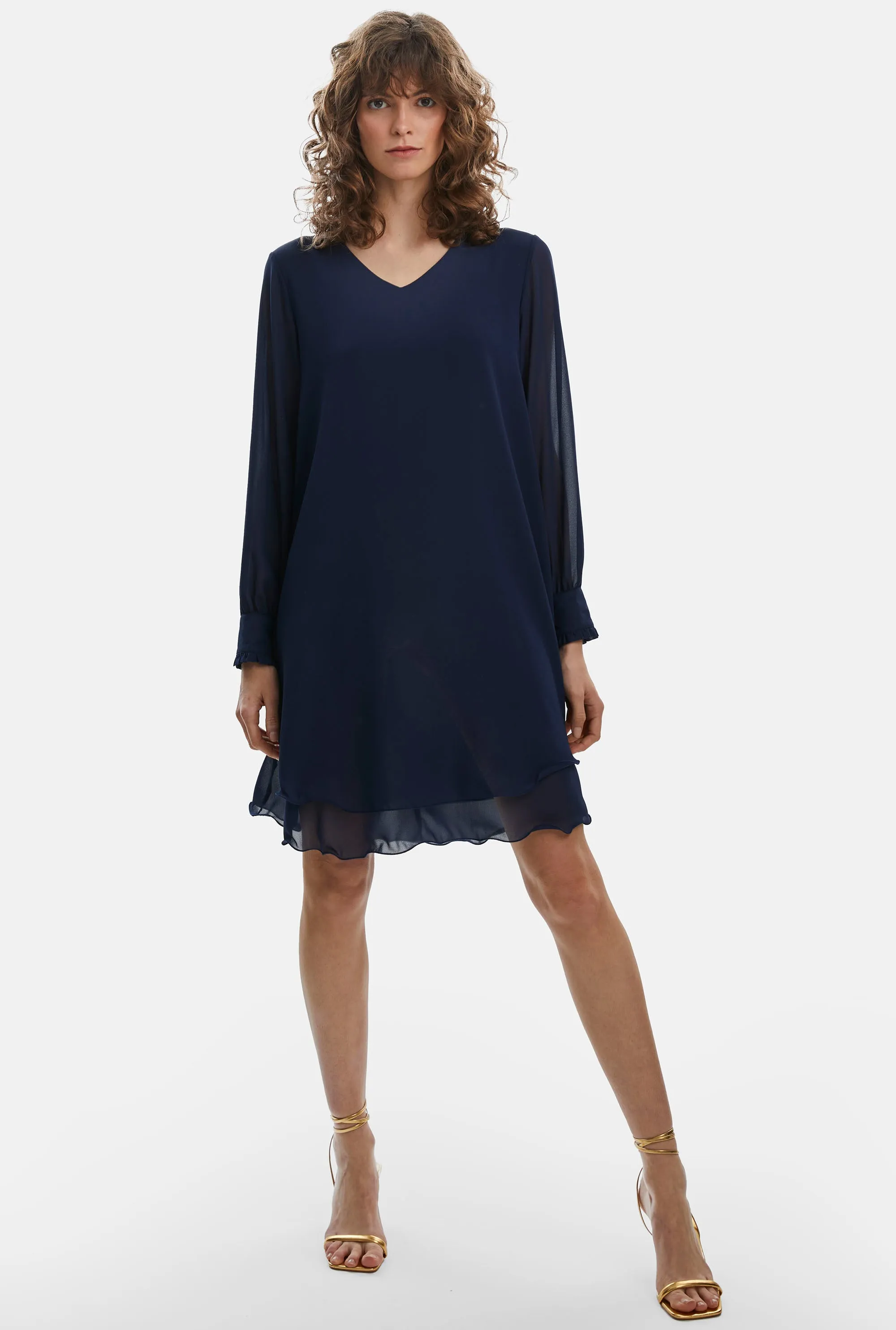 Long Sleeve Navy Wave Hem Dress