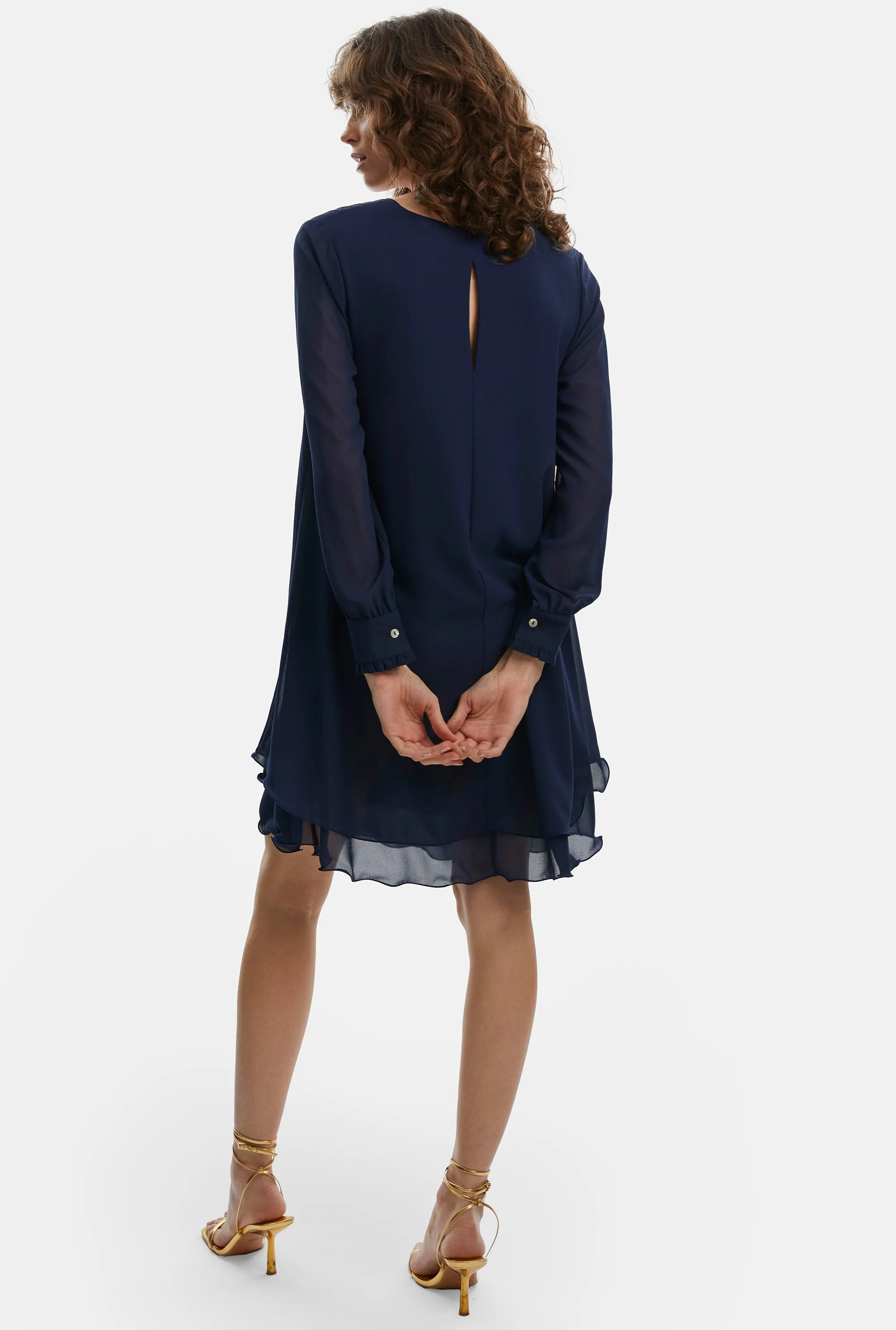 Long Sleeve Navy Wave Hem Dress