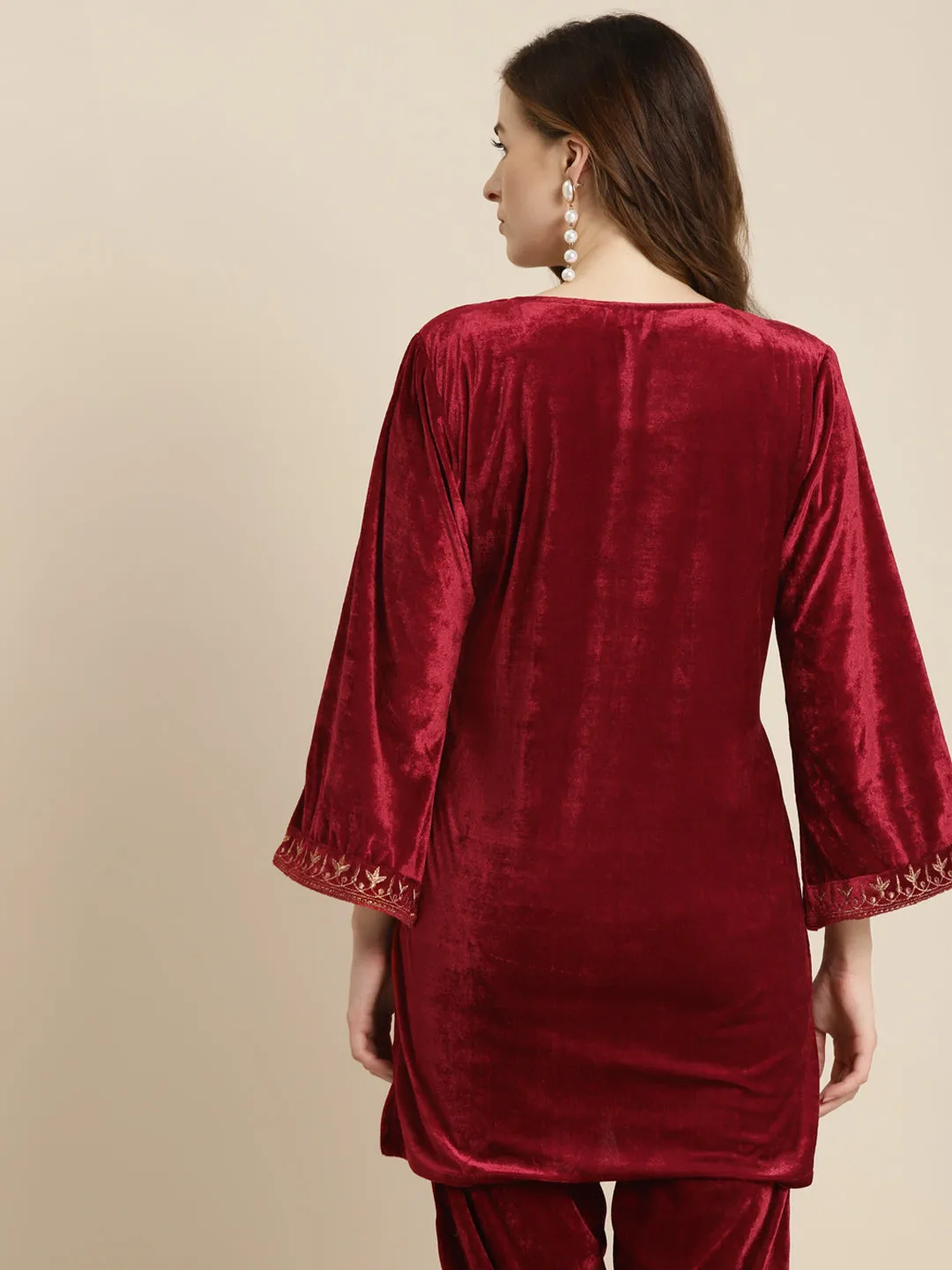 Maroon Velvet Floral Zari Embroidered Short Kurta