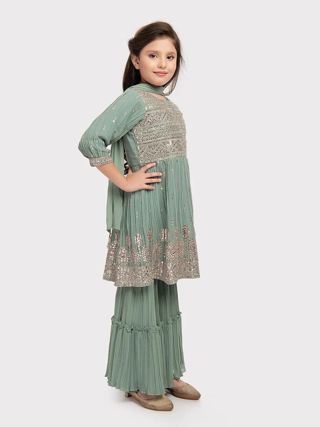 Pista Coloured Embroidered Kurta with Salwar and Dupatta \Trendy Gharara And Sharara For Girls