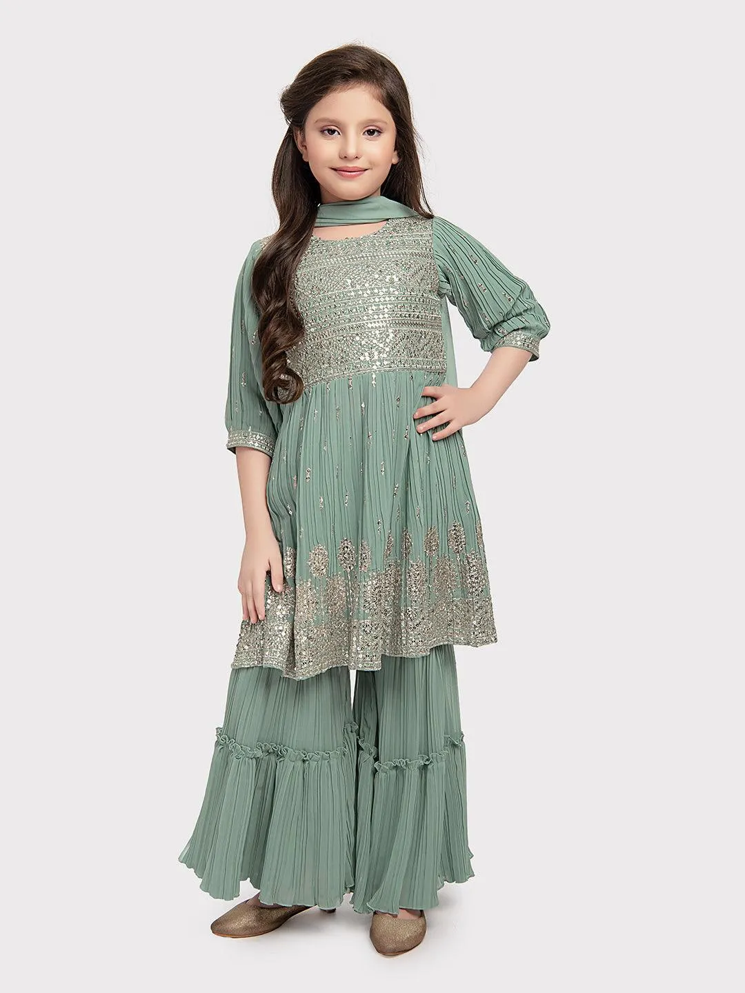 Pista Coloured Embroidered Kurta with Salwar and Dupatta \Trendy Gharara And Sharara For Girls