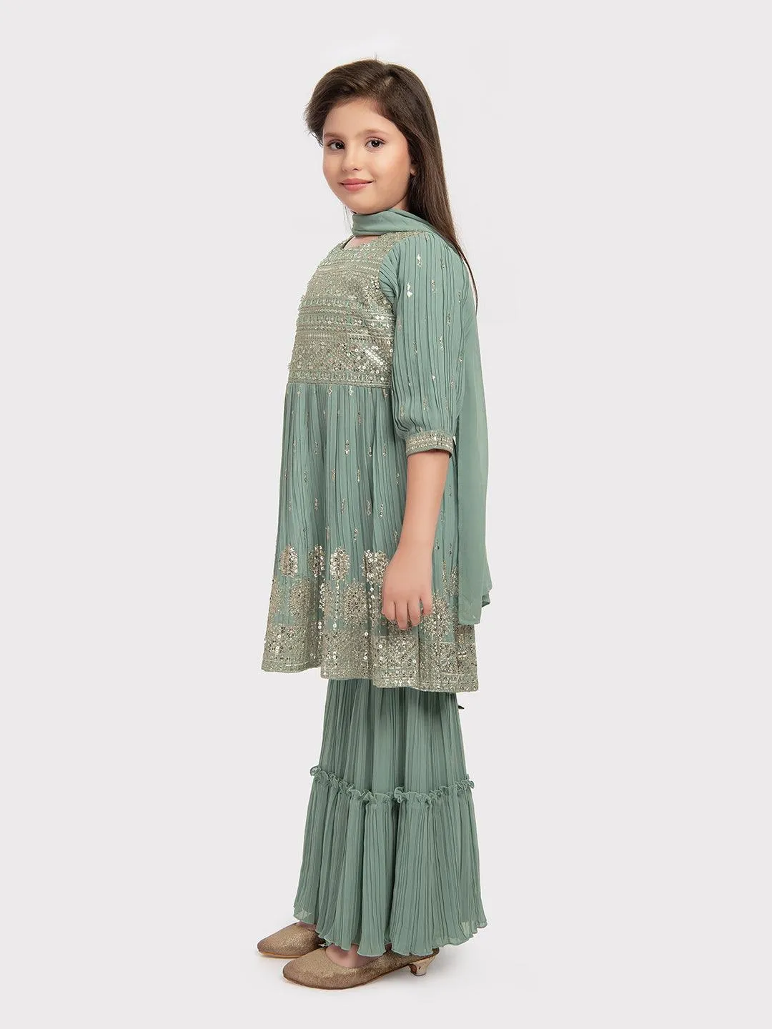 Pista Coloured Embroidered Kurta with Salwar and Dupatta \Trendy Gharara And Sharara For Girls