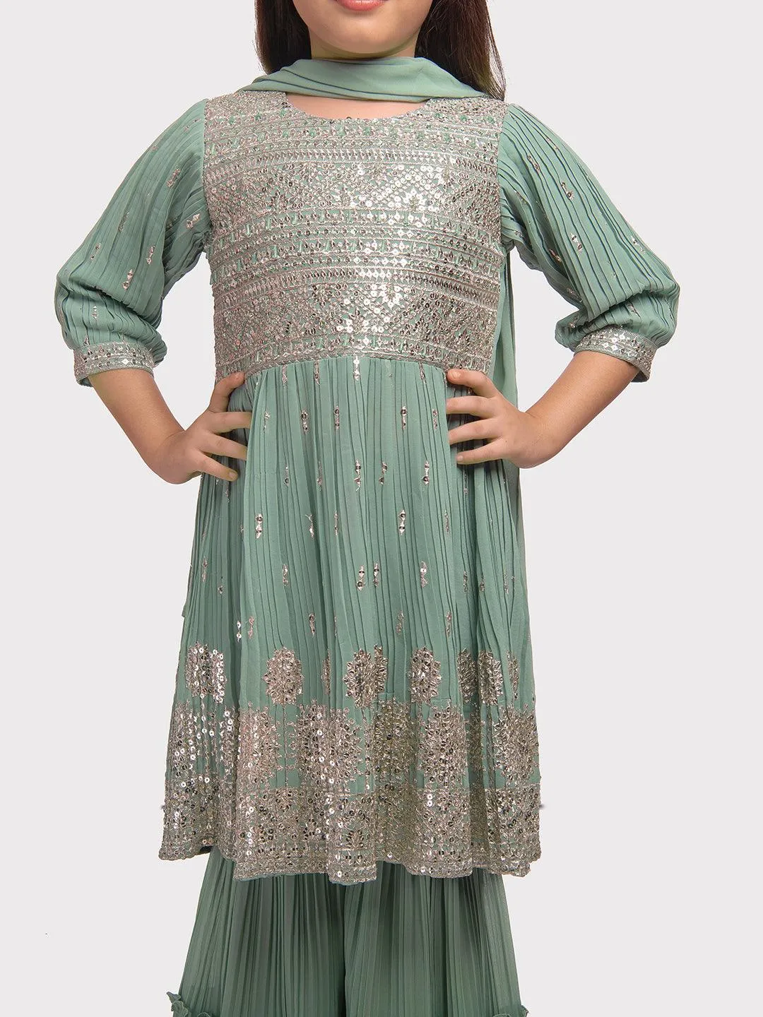 Pista Coloured Embroidered Kurta with Salwar and Dupatta \Trendy Gharara And Sharara For Girls