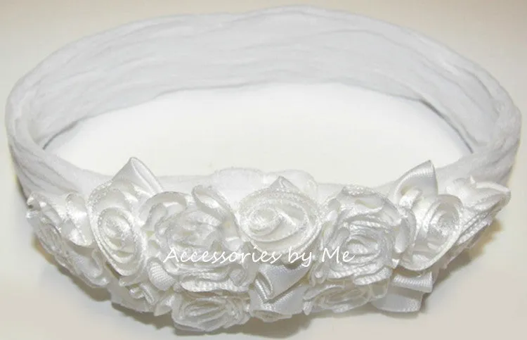 White Roses Floral Nylon Headband